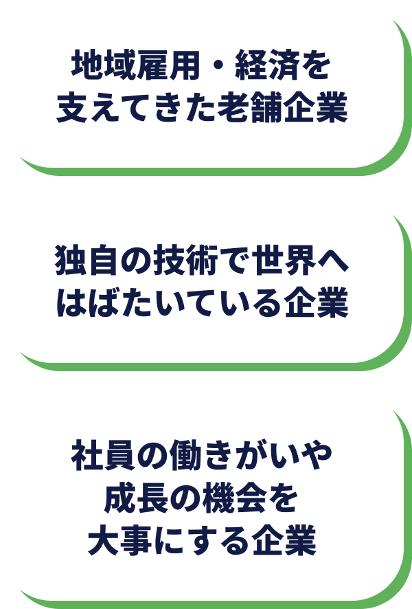 ・技術が地域でイチバンの企業 ・オンリーワンの商品を作っている企業 ・世界が認めるスゴワザを持っている企業 ・表彰されたことがある企業 ・高いシェアが誇りの企業